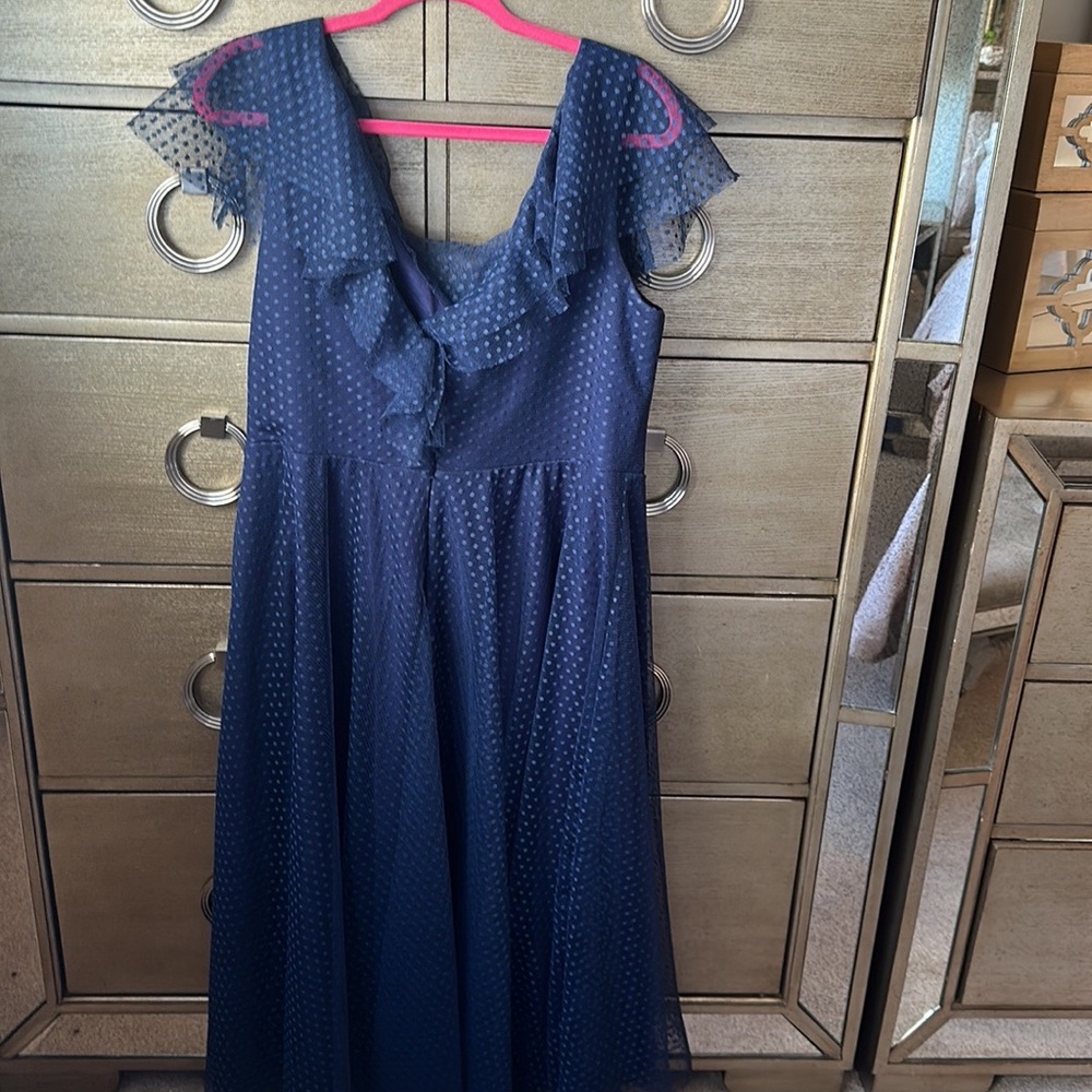 🛍️SALE🛍️ Venvienna Polka Dot Navy Blue Lace Midi Dress with Ruffles Details - Picture 6 of 11